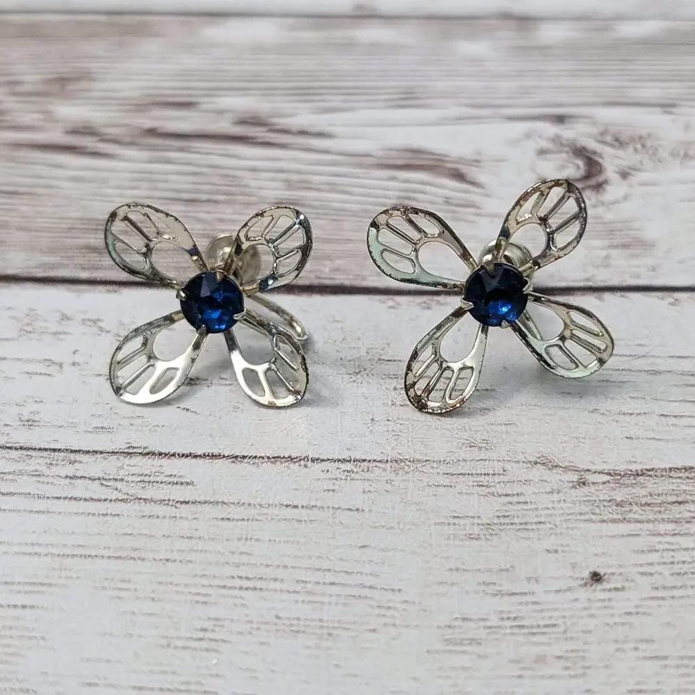 Vintage Screw On Earrings - Large Flower with Blue Gem - Condition Issues